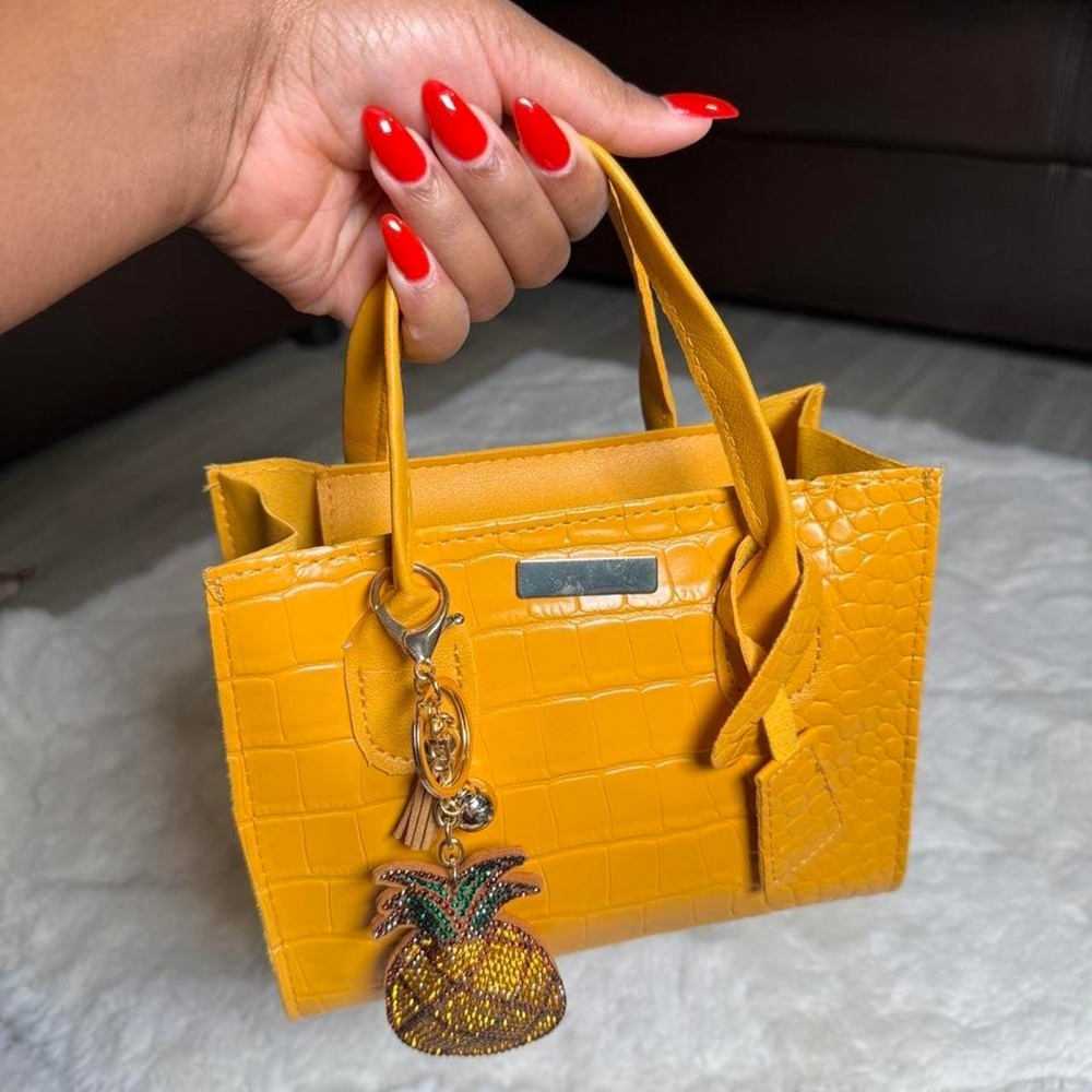 Yellow Crocodile Textured Mini Handbag Structured Tote Zip Top Closure